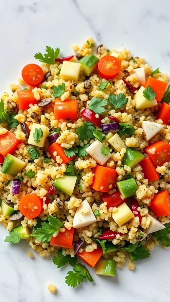 Colorful quinoa salad with various vegetables.