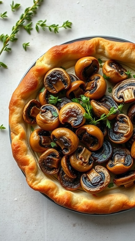 A delicious wild mushroom tart with a golden crust and topped with mushrooms.