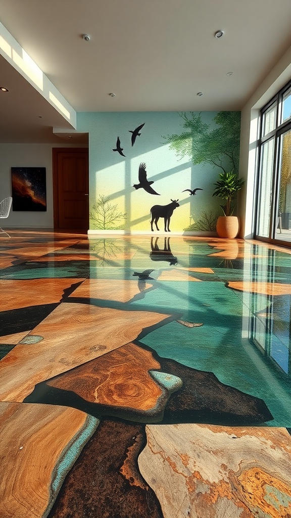 A beautifully designed wildlife theme epoxy floor featuring animal silhouettes and vibrant colors resembling nature.