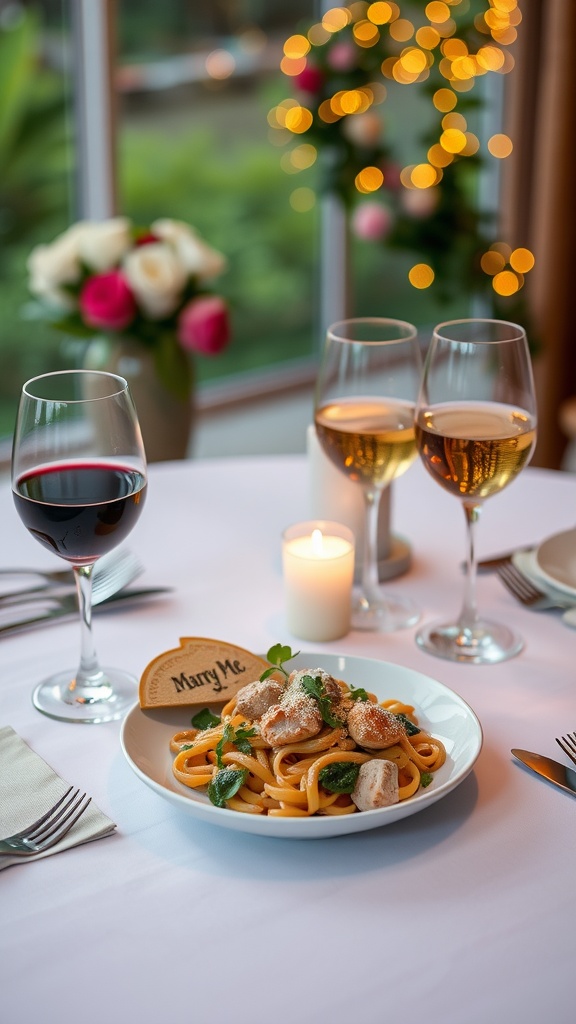A romantic dinner setting featuring Marry Me Chicken Pasta and wine pairings.