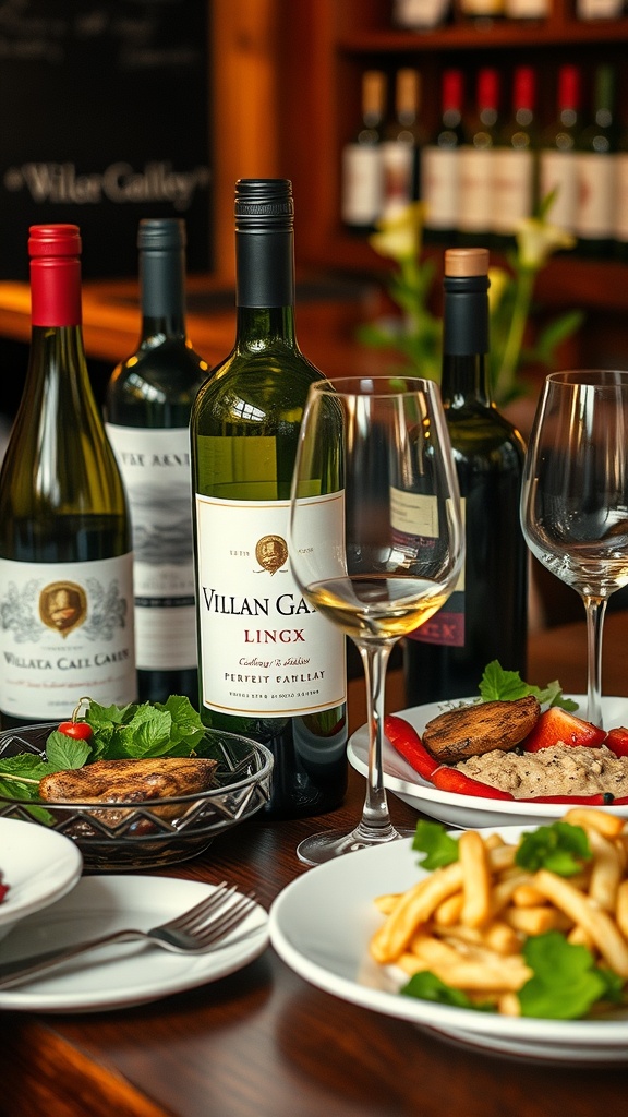A selection of wines paired with a romantic dinner setting