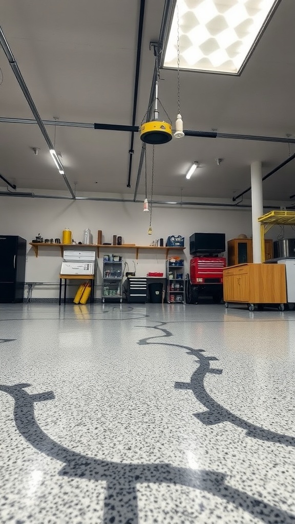 A garage with an epoxy floor featuring white snowflakes and swirling patterns on a blue background