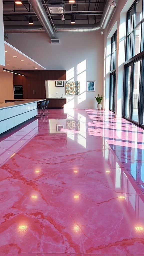 A modern interior showcasing a glossy pink epoxy concrete floor with reflections and a spacious layout.