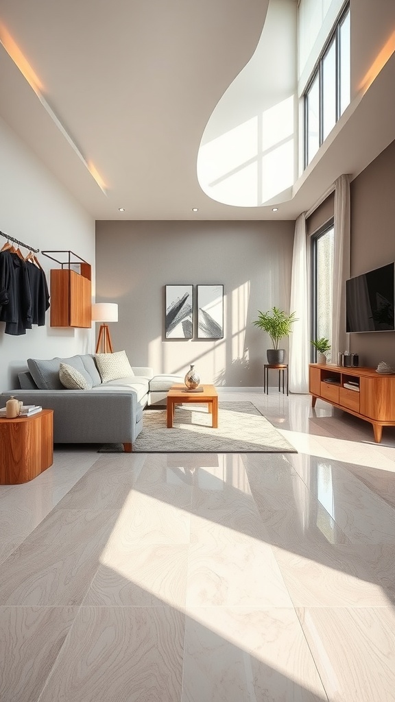 A modern living room featuring wood-look epoxy flooring with natural light.