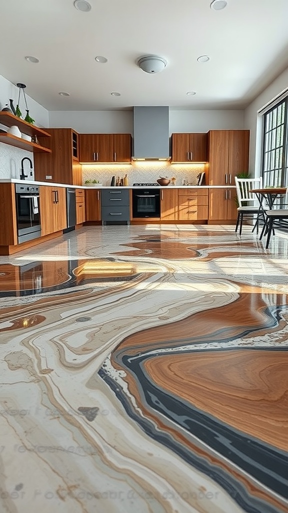 A modern kitchen with wood-look epoxy flooring displaying elegant patterns in warm colors.
