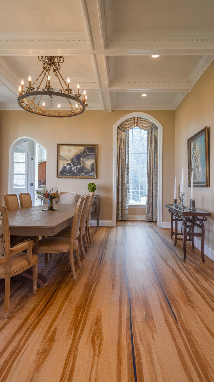 A dining room featuring wood grain epoxy floors, a large chandelier, and elegant decor.