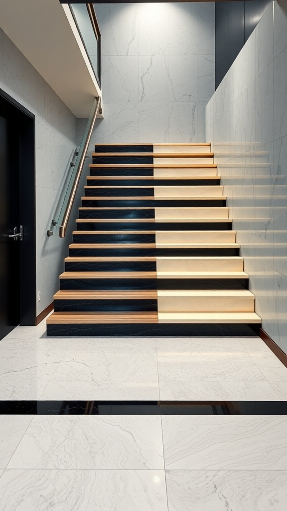 A stylish staircase featuring wood grain epoxy flooring and modern design.