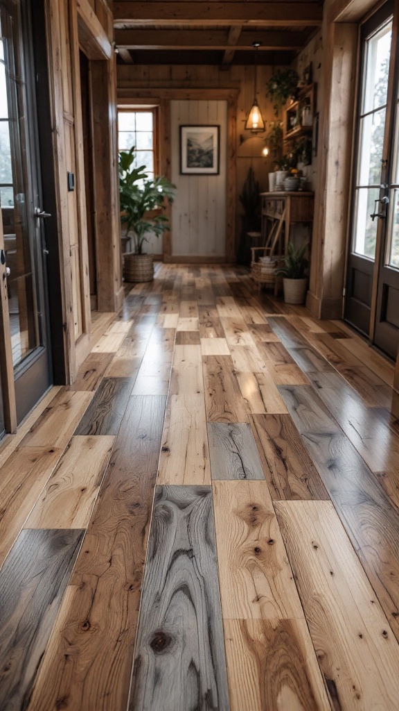 A hallway with wood grain flooring, showcasing a mix of light and dark wood tones.