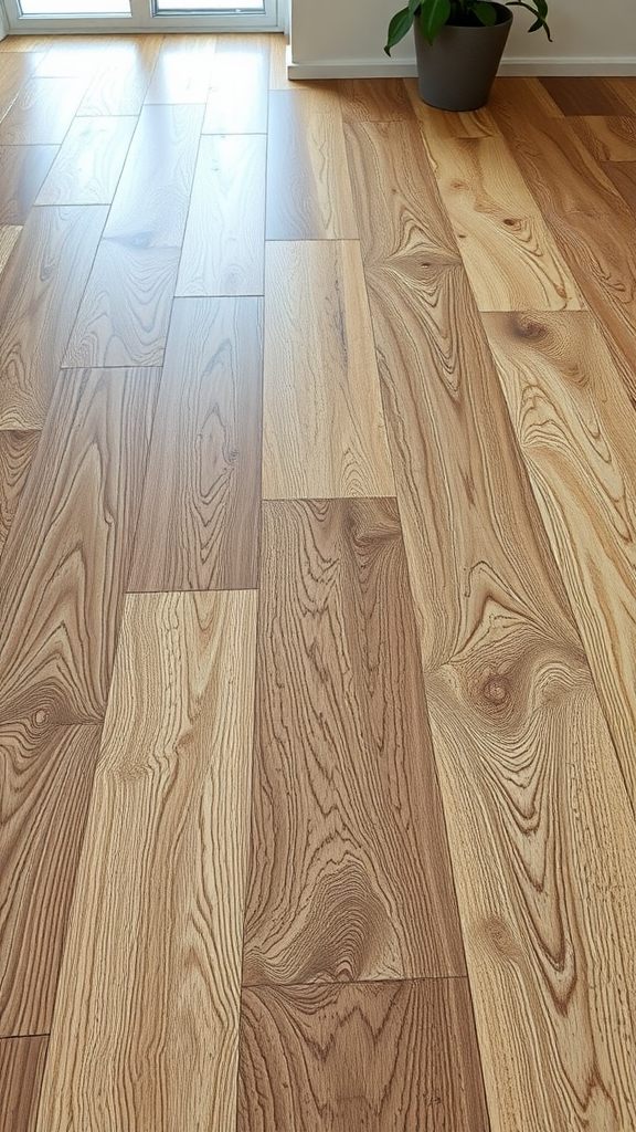 A beautifully designed wooden floor with a mix of light and dark wood grain patterns.