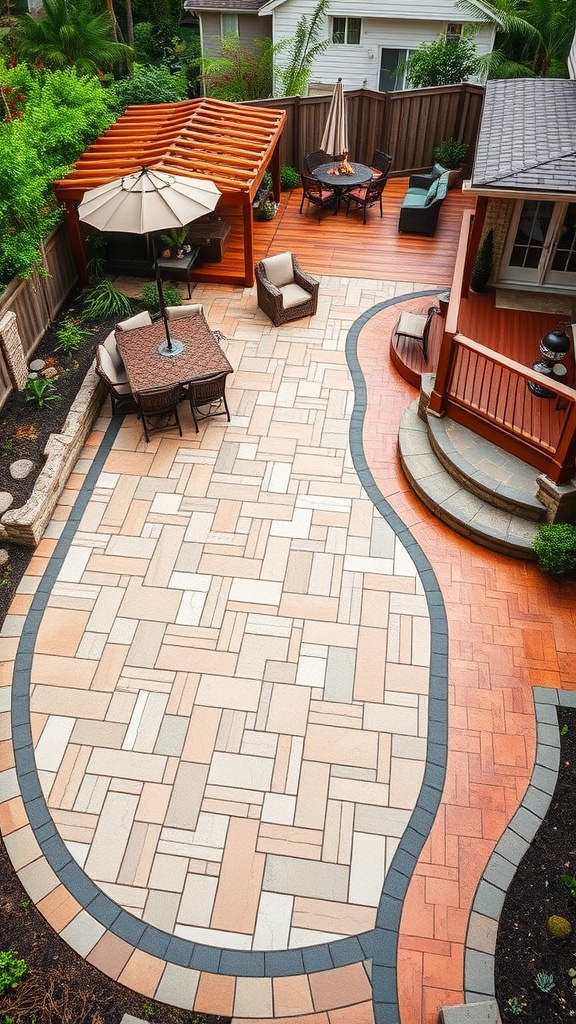 A beautifully designed stamped concrete patio with a wood plank finish, featuring a bold border and outdoor seating.