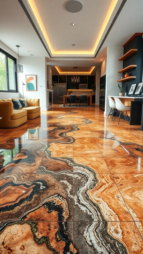 A beautifully designed epoxy floor resembling a woodland forest with rich browns and greens.