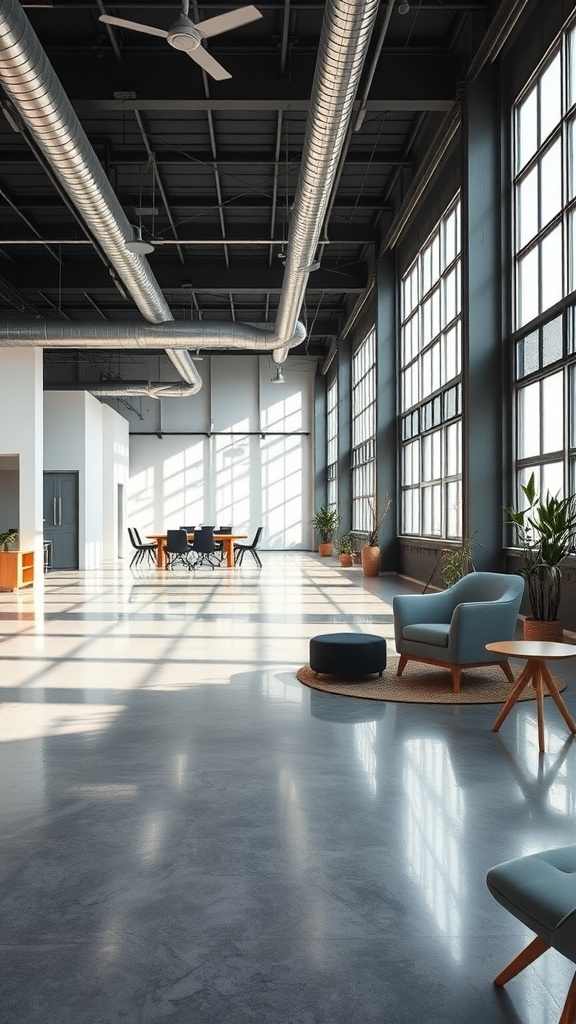A bright industrial space with epoxy coated floors, featuring large windows and modern furniture.