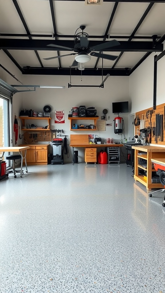 A well-organized garage workshop with epoxy flooring