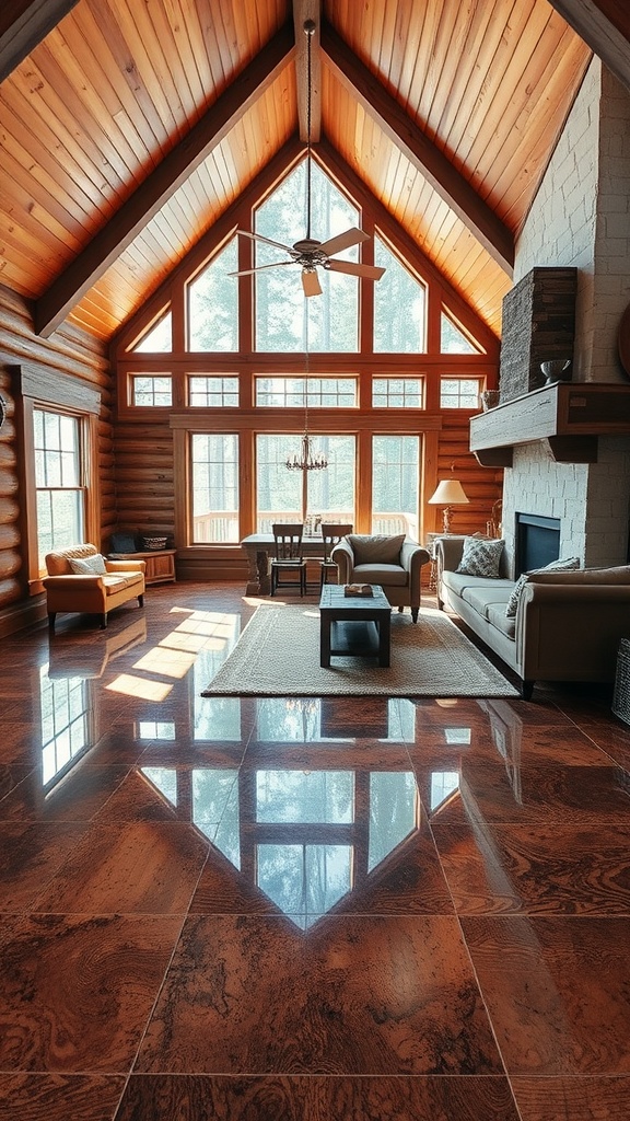 Stylish living room with wooden flooring, high ceilings, and modern decor.
