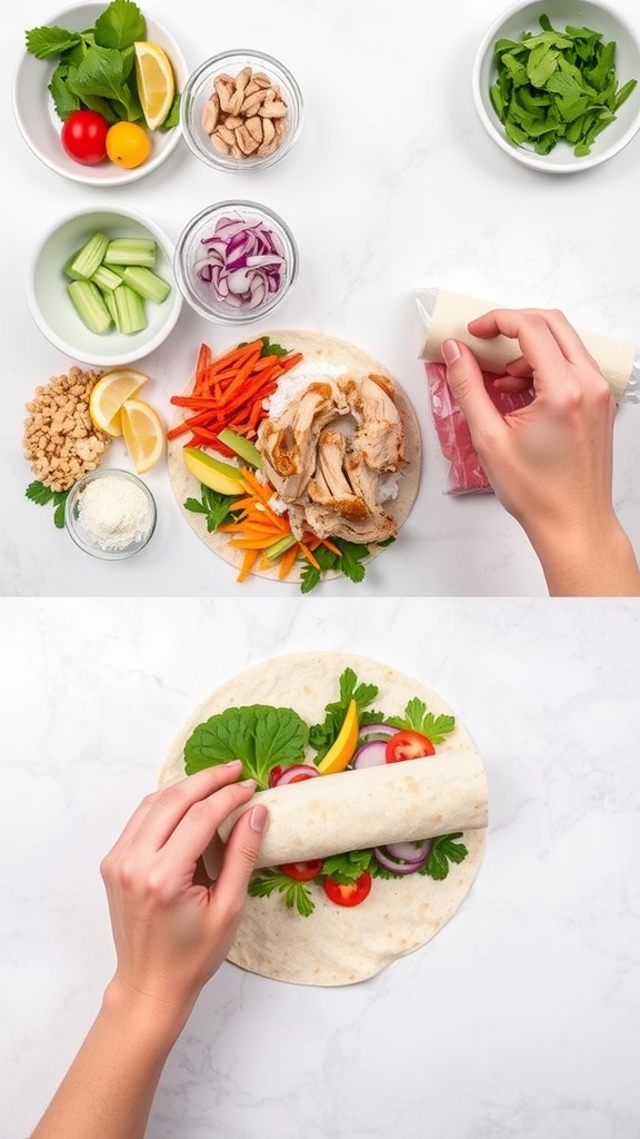 Hands assembling a cheesy garlic chicken wrap with fresh vegetables and chicken on a tortilla.