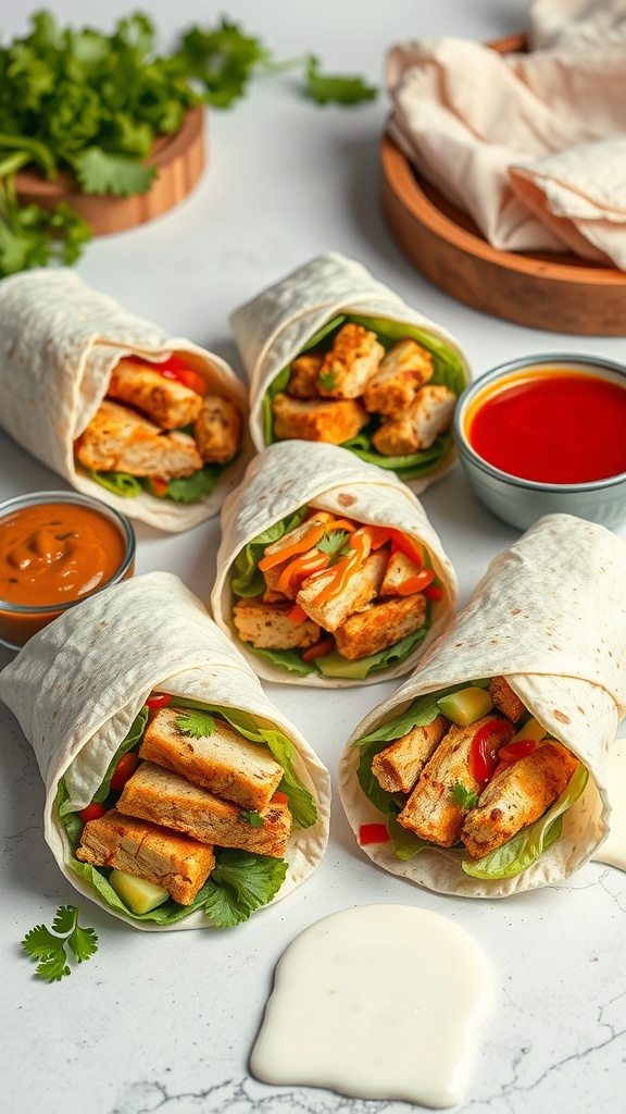 Cheesy garlic chicken wraps with various sauces and fresh ingredients.