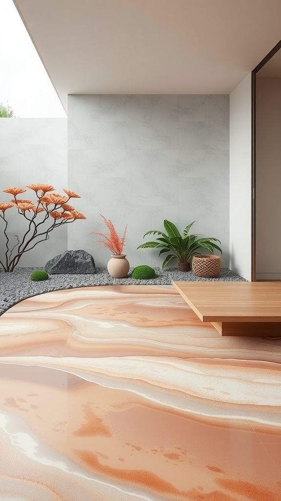 A modern living room with a Zen Garden resin floor featuring a river design and stones.