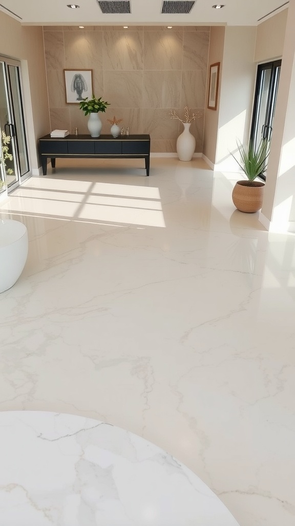 A modern interior showcasing glossy epoxy flooring designed to resemble a zen garden with artistic stone accents.