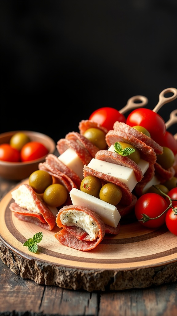 Zesty Antipasto Skewers with salami, cheese, olives, and tomatoes