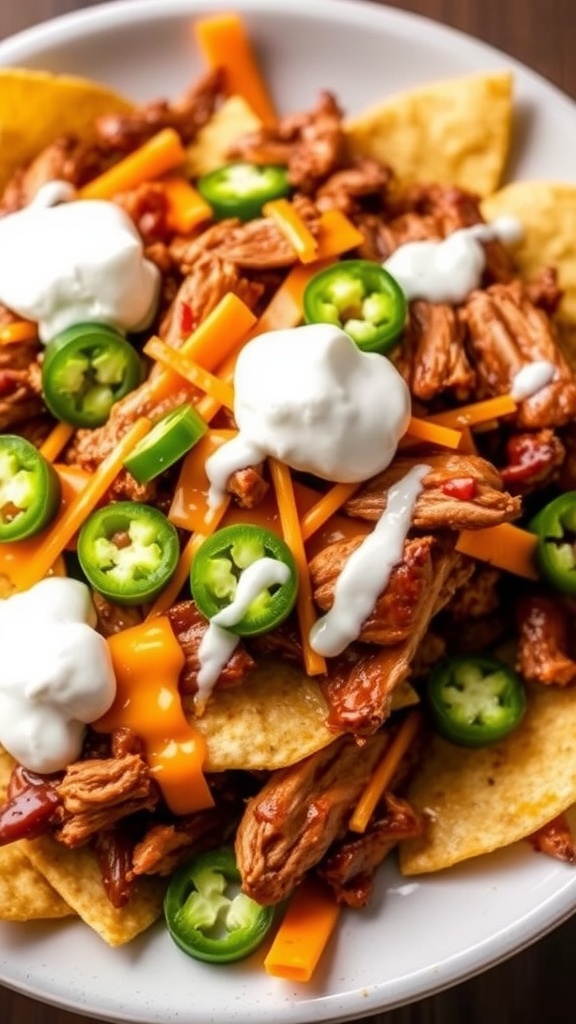 Delicious nachos topped with BBQ pork, cheese, jalapeños, and sour cream.