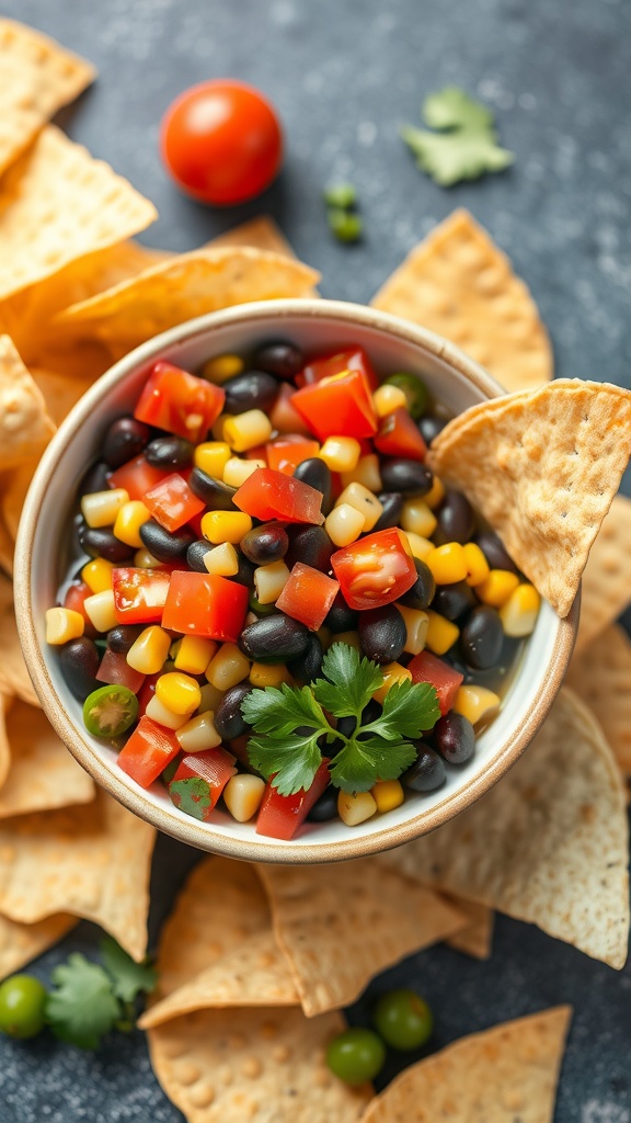 A bowl of zesty black bean and corn salsa surrounded by tortilla chips.