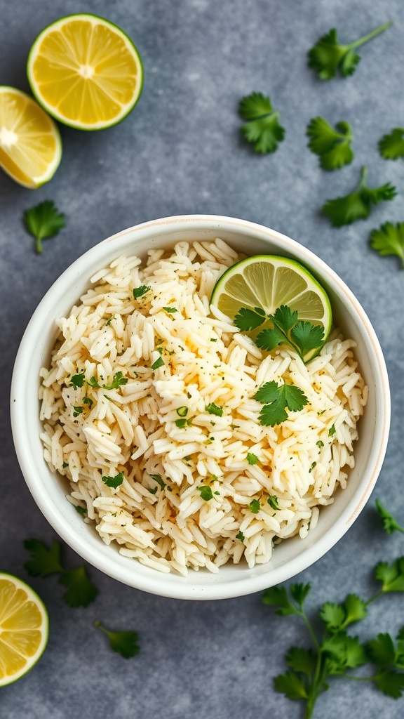 A bowl of zesty cilantro lime rice garnished with lime slices and fresh cilantro.