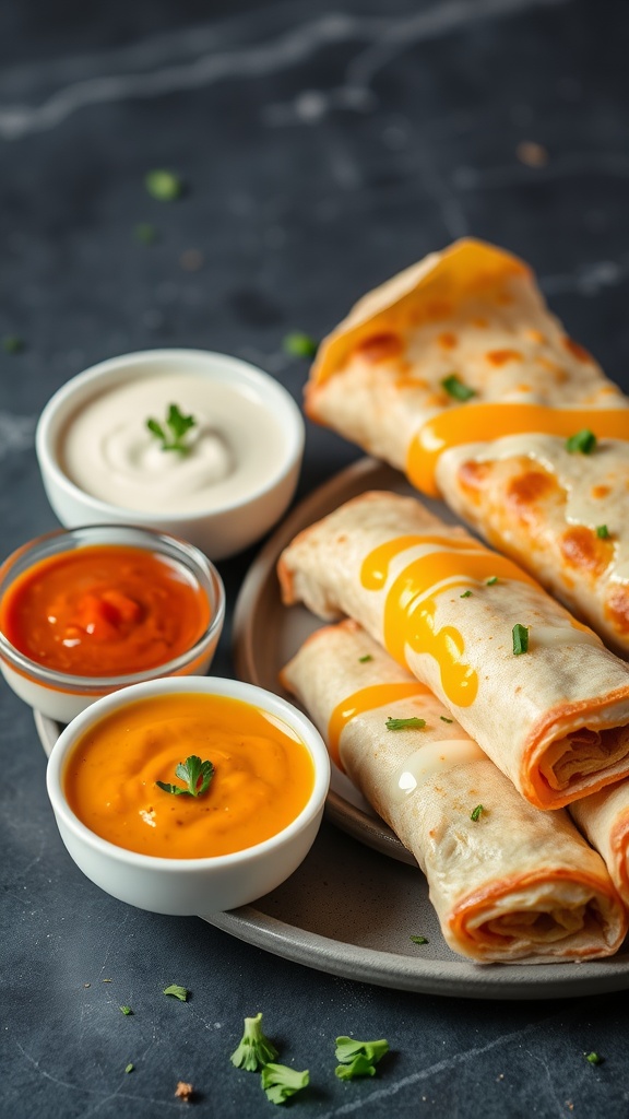 Cheesy garlic chicken wraps served with three different dipping sauces on a plate.