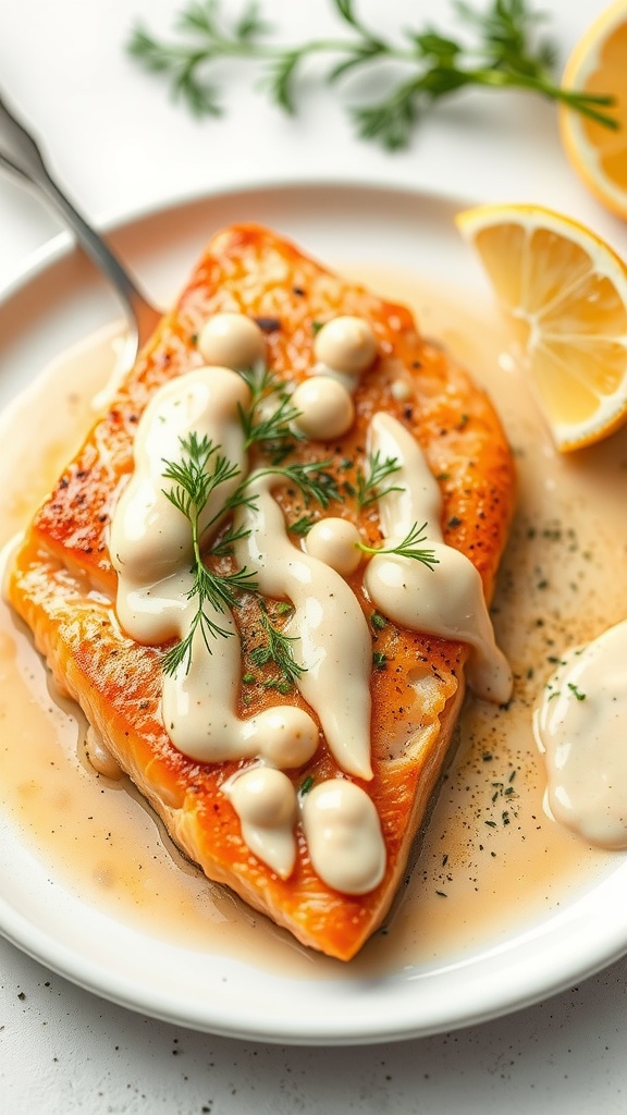 Zesty Ginger Baked Salmon served with dill sauce and lemon wedges