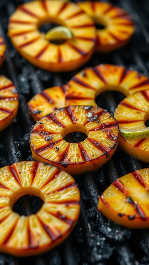 Grilled pineapple rings with grill marks, showcasing a smoky flavor and caramelized sweetness.