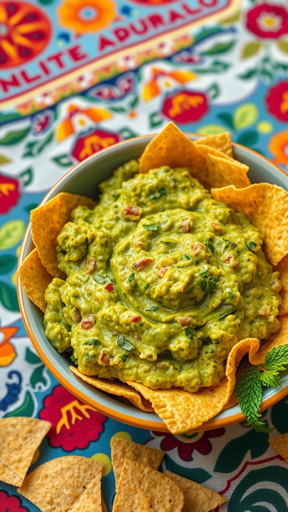 A bowl of guacamole surrounded by tortilla chips