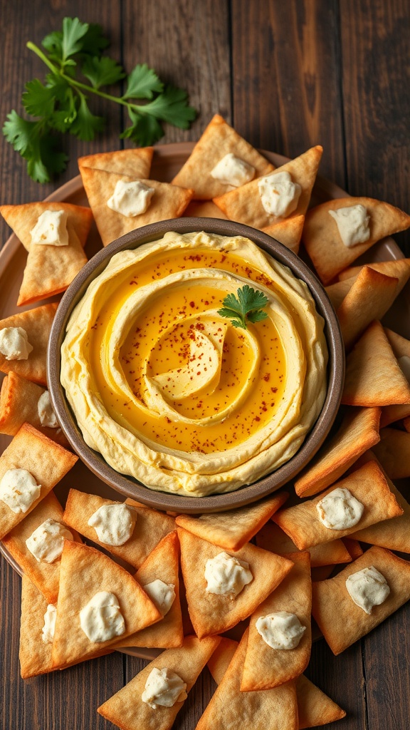 A bowl of zesty hummus surrounded by crispy pita chips.