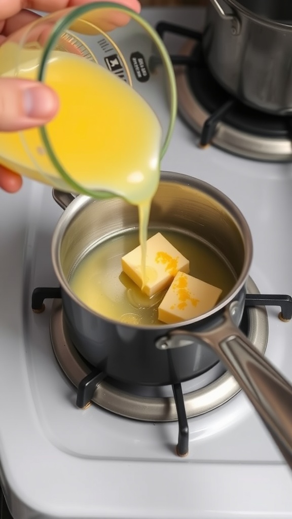 A pot on the stove with butter and lemon juice being prepared for a sauce.