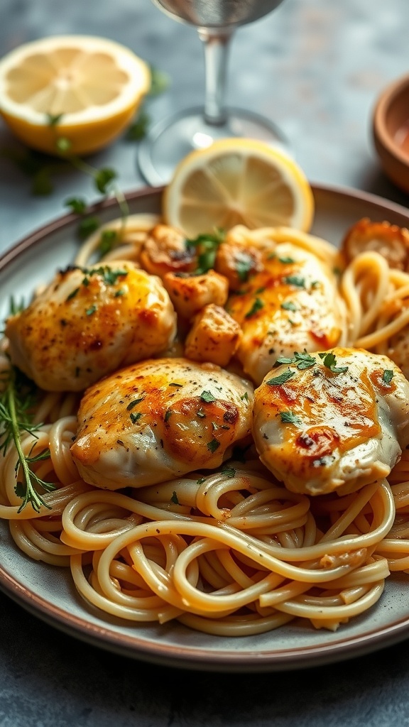 Delicious plate of Lemon Chicken Scampi served with pasta and garnished with herbs.