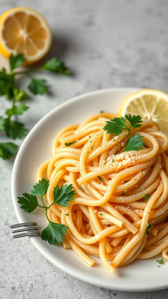 Delicious plate of lemon garlic pasta garnished with parsley and lemon slices.
