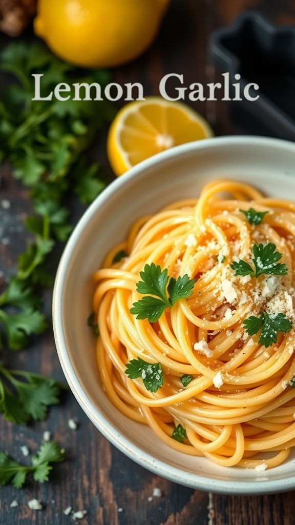 A bowl of zesty lemon garlic pasta garnished with parsley and cheese.