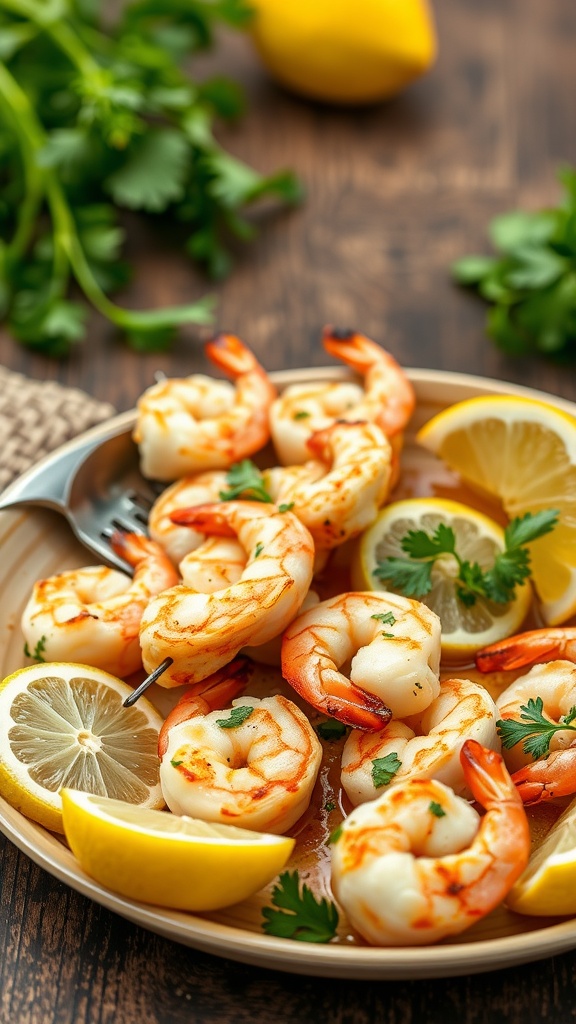 A plate of grilled shrimp skewers garnished with lemon slices and fresh herbs.