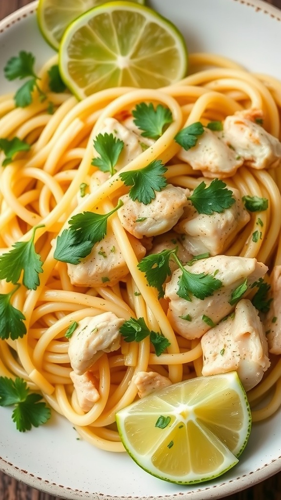 A plate of zesty lime chicken pasta garnished with cilantro and lime slices.