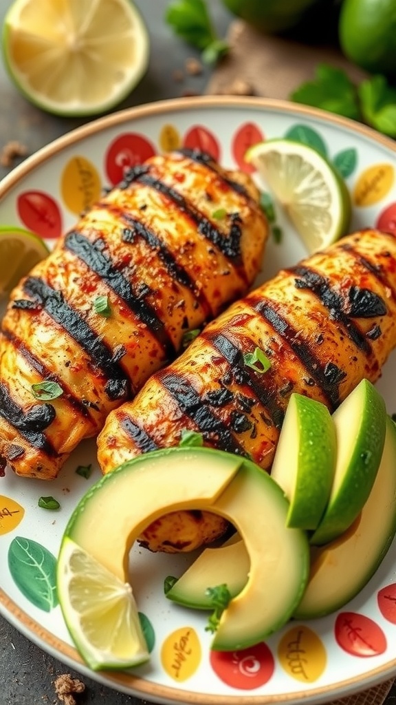 Zesty lime grilled chicken served with avocado slices and lime wedges