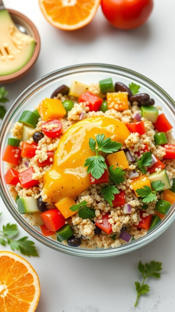 A colorful quinoa salad topped with a citrus dressing and garnished with fresh herbs.