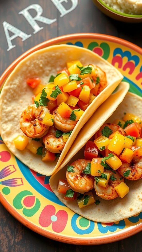 Zesty shrimp tacos topped with mango salsa on a colorful plate.