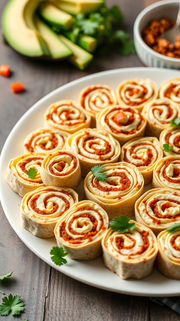 A plate of zesty taco pinwheels garnished with cilantro.