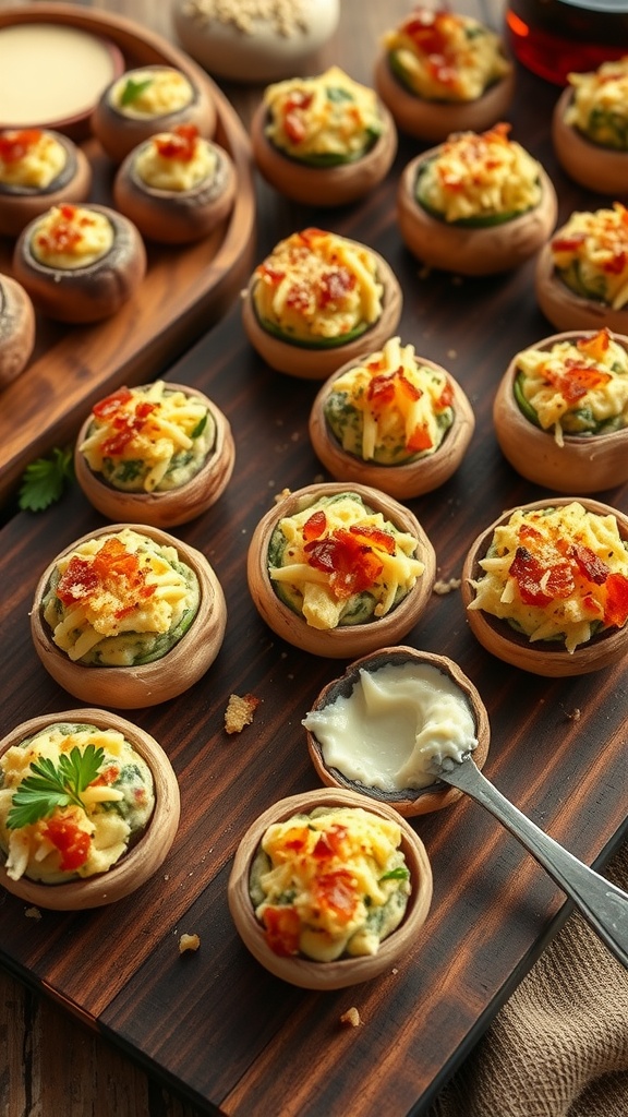 Zucchini and Cream Cheese Stuffed Mushrooms on a wooden platter