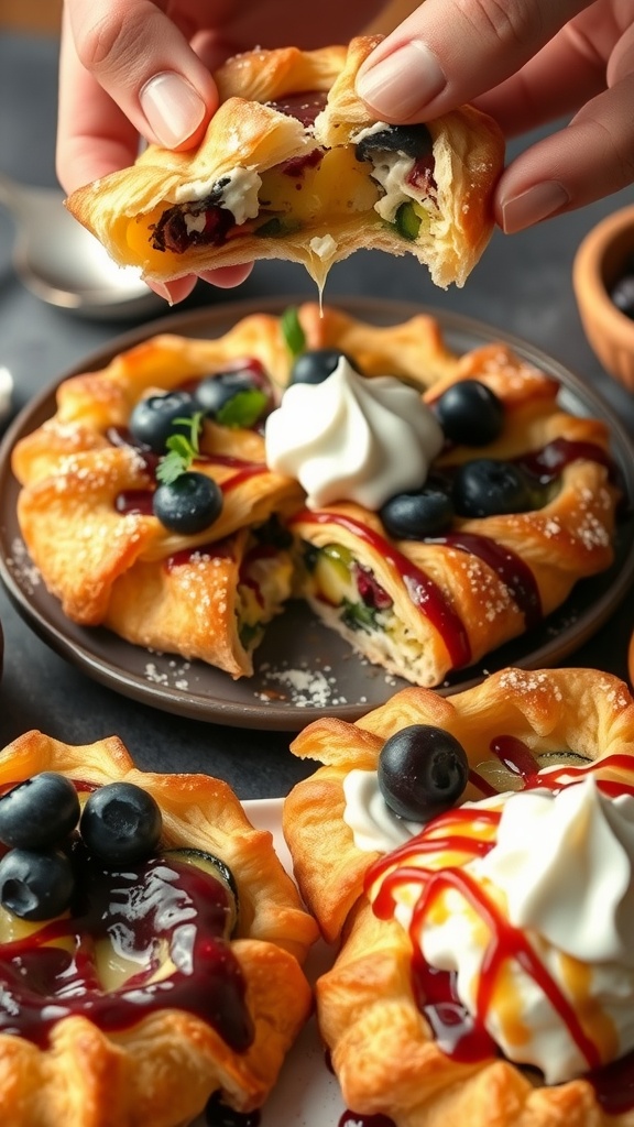 Zucchini and feta puff pastry tart, beautifully baked and garnished with fresh herbs.