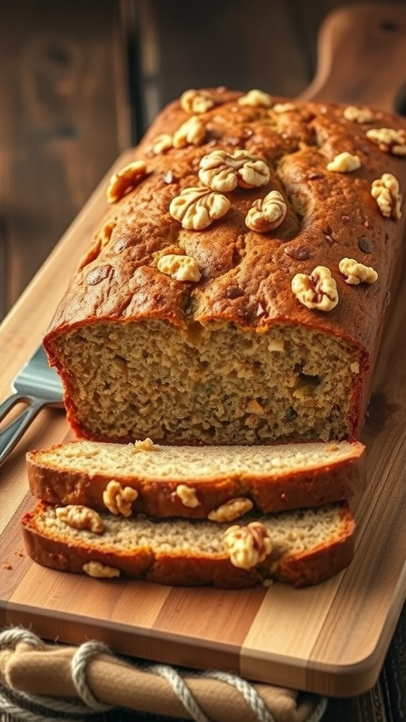 A loaf of zucchini bread with walnuts sliced on a wooden cutting board