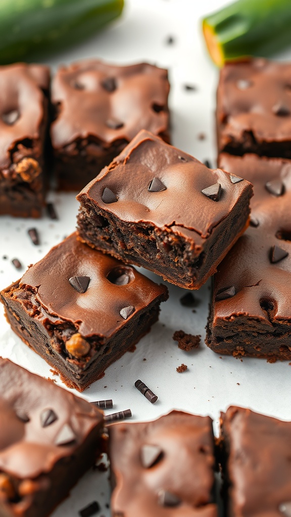 Delicious zucchini brownies cut into squares, showcasing a rich chocolate texture.
