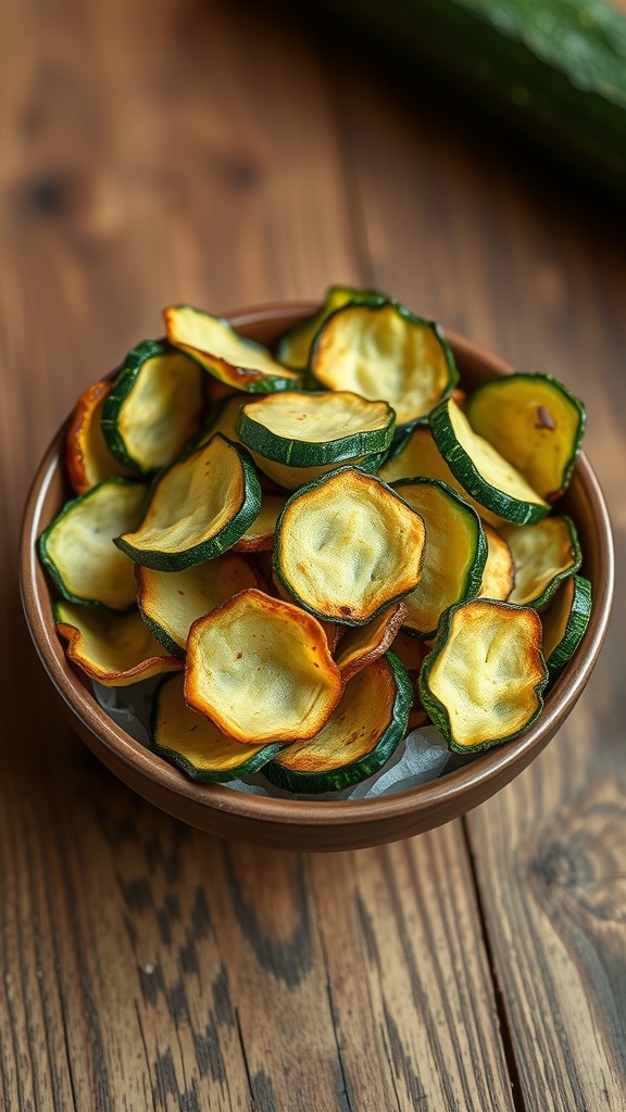 A bowl of crispy zucchini chips on a wooden surface.