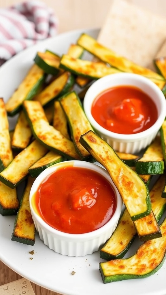 Plate of crispy zucchini fries served with dipping sauce