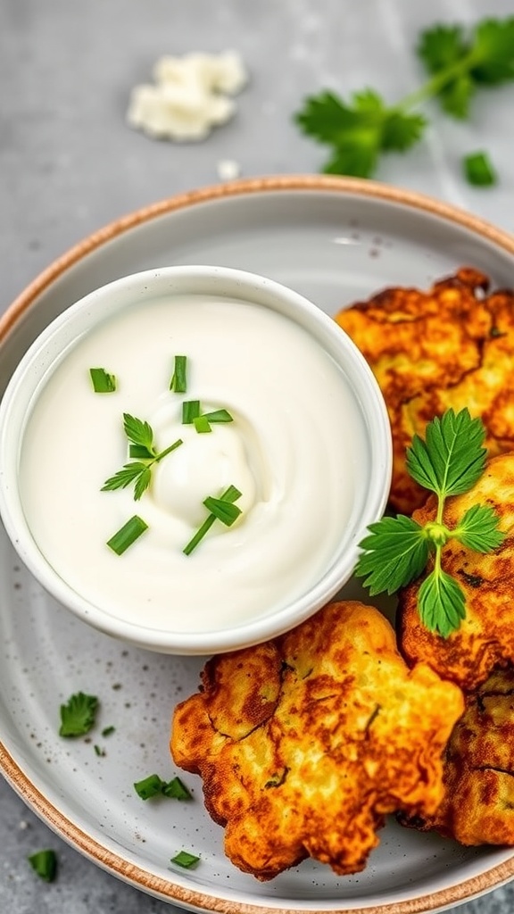 Crispy zucchini fritters served with a creamy yogurt dip and garnished with herbs.