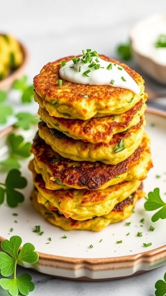 Stack of golden zucchini fritters topped with yogurt sauce and chives