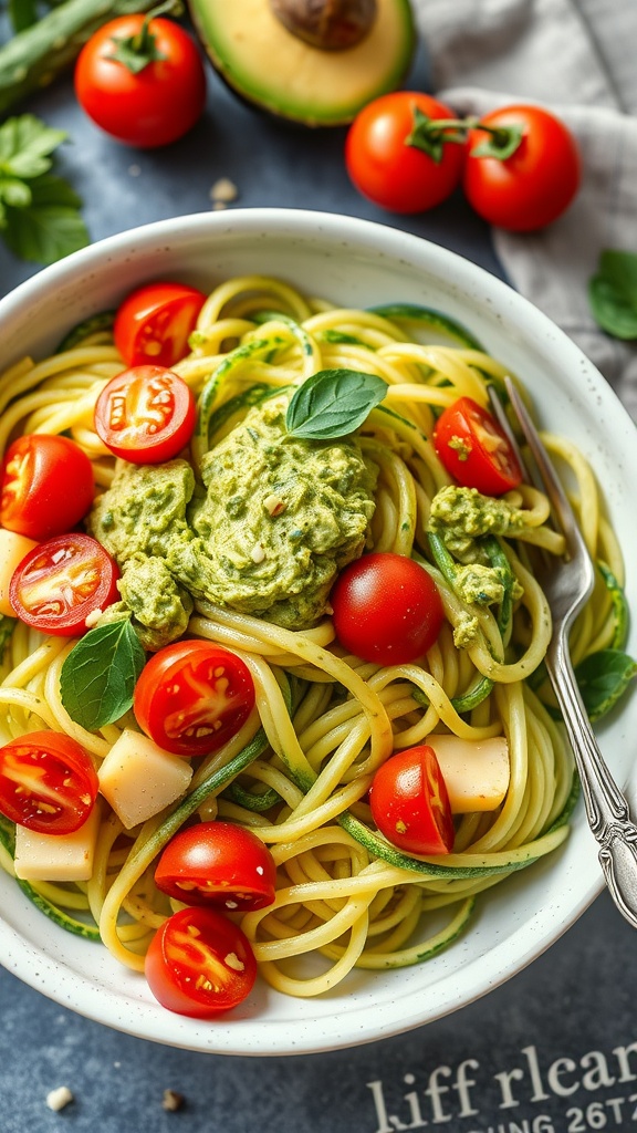 Bowl of zucchini noodles topped with avocado pesto, cherry tomatoes, and basil leaves.